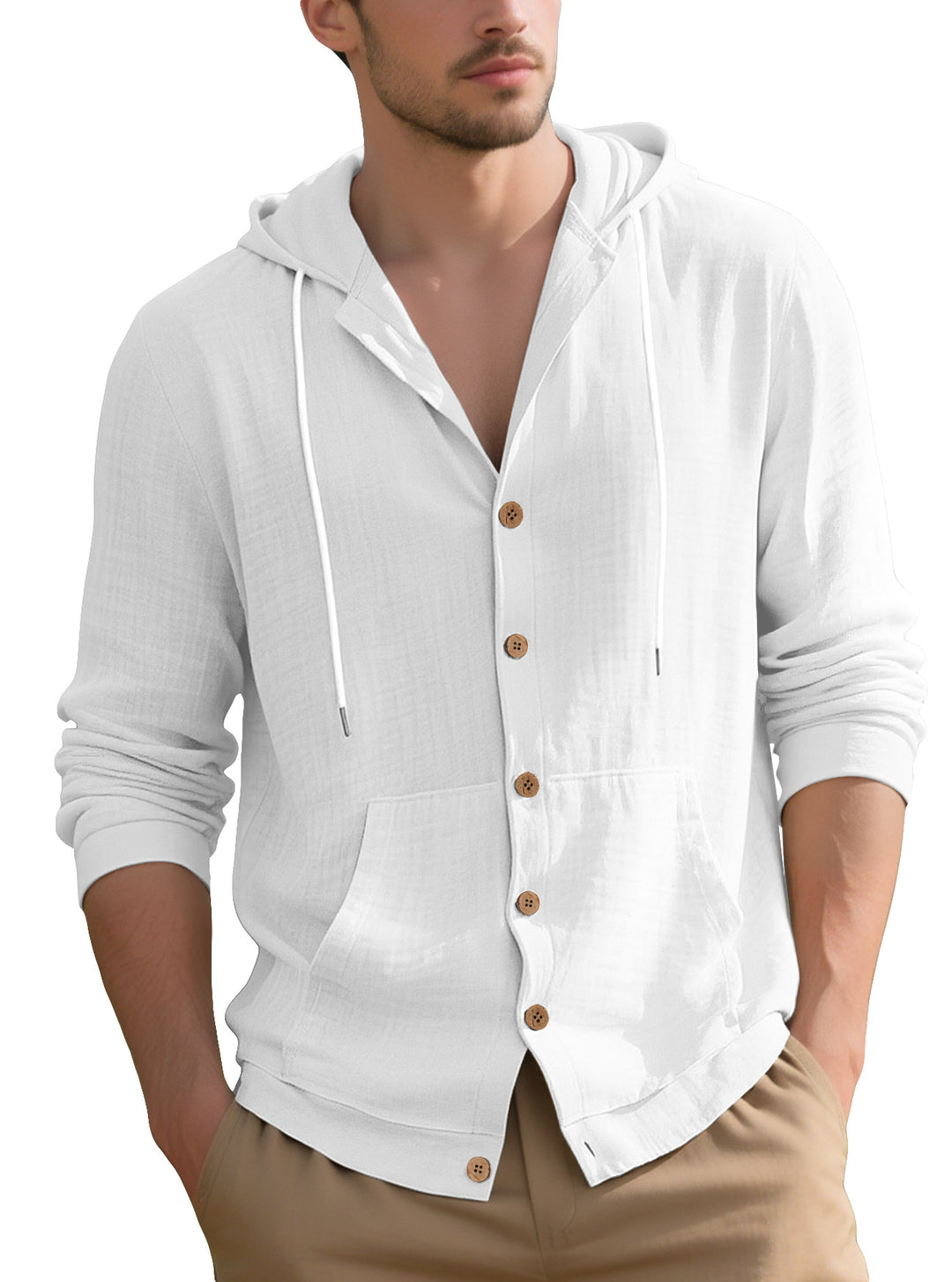 Herren nan leichtes Kapuzen-Übershirt im Crinkle-Look mit Holzknopfleiste und Kängurutasche EB