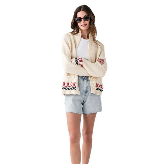 Damen Oversize Strickcardigan mit Walmotiv und nautischer Kontrastbordüre EB