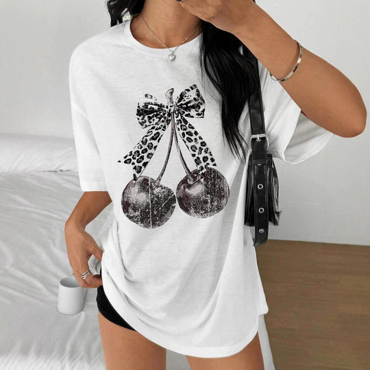 Damen T-Shirt mit kreativem Kirschmotiv und Leopardenband EB