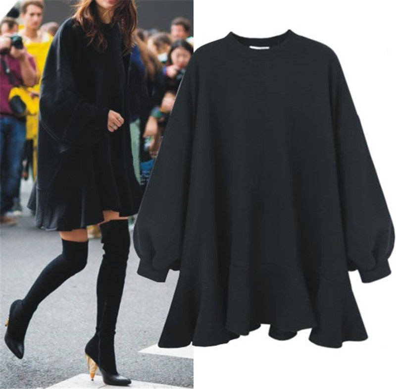 Damen nan oversized Sweatshirtkleid mit Volantsaum und Ballonärmeln EB