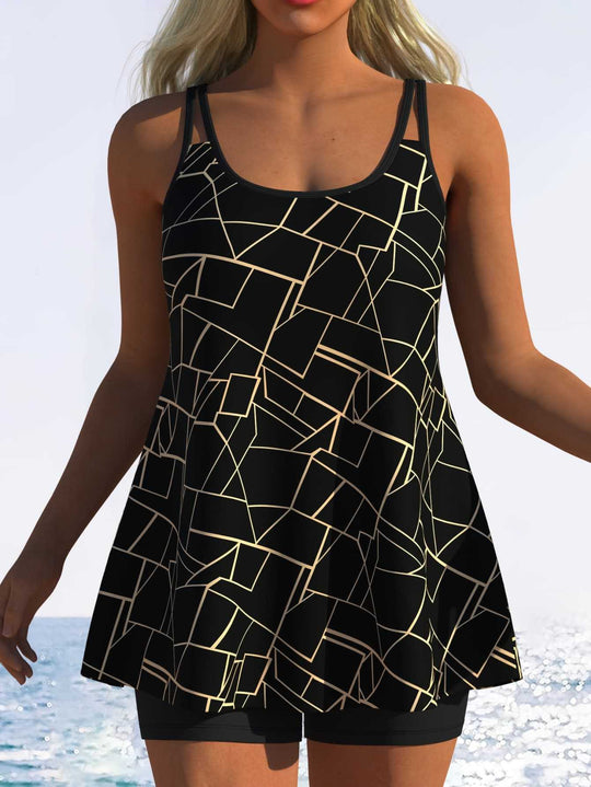 Damen Schwimmdress mit elegantem grafischen Mustermix und schickem Rocksaum EB