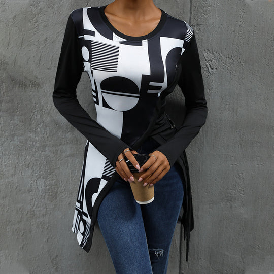 Damen Langarmshirt mit grafischem Muster und asymmetrischem Saum EB