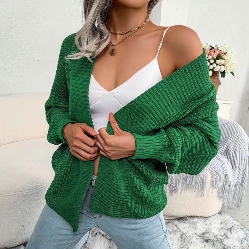 Damen Grobstrick Cardigan mit weit geschnittenen Ärmeln und offenem V-Ausschnitt EB