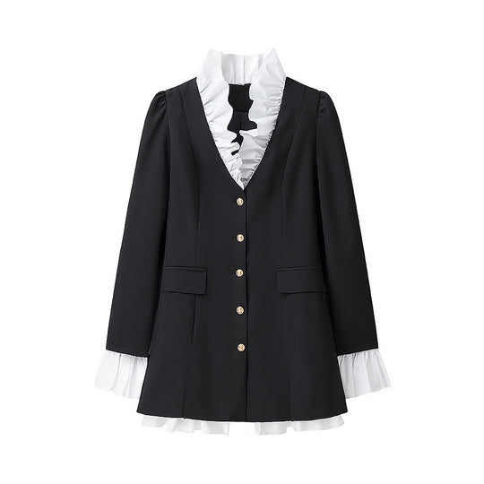 Damen modische Blazerjacke mit Rüschendetails und eleganten Knöpfen EB
