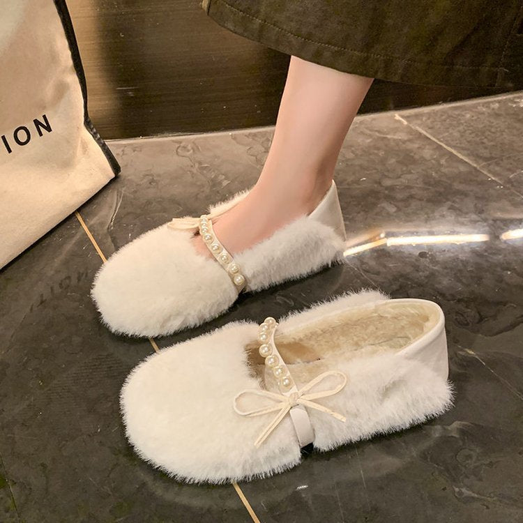 Damen Flauschige Hausschuhe mit eleganter Perlenverzierung und komfortablem Design EB