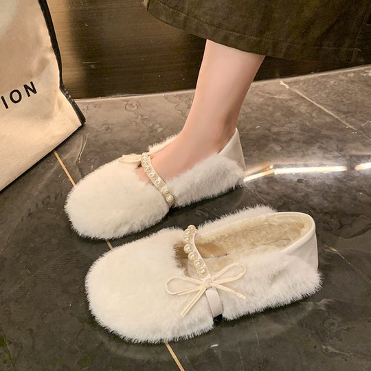 Damen Flauschige Hausschuhe mit eleganter Perlenverzierung und komfortablem Design EB