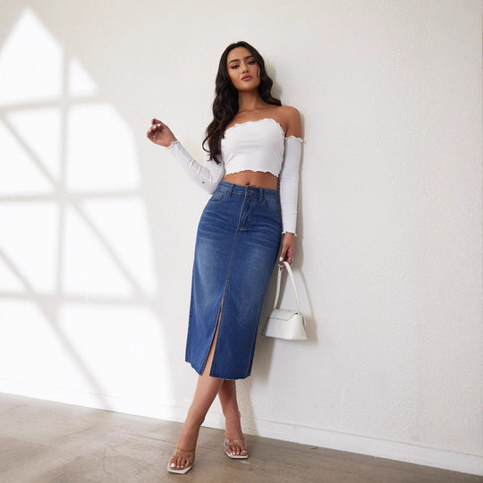 Damen Midi-Denimrock mit Schlitz und lässigem A-Linien-Schnitt EB