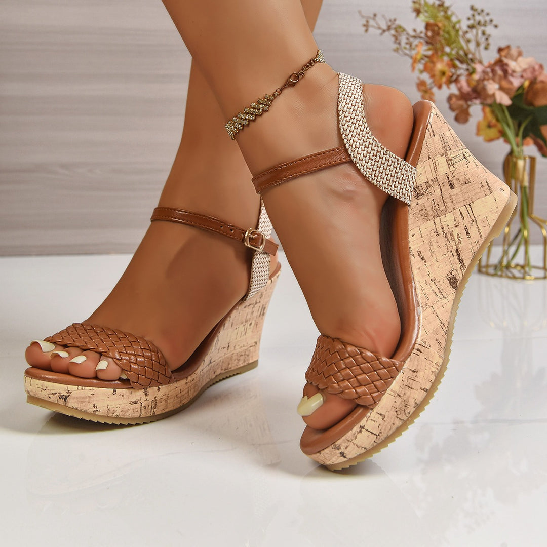 Damen Wedge-Sandaletten mit geflochtenem Riemen und Kork-Absatz EB