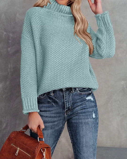 Damen kuscheliger Strickpullover mit hohem Kragen und luftiger Struktur EB