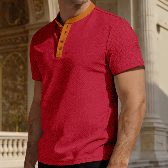 Herren nan schlankes Kurzarm-Henley-Poloshirt mit Mandarin-Kragen und feiner Jacquardstruktur EB