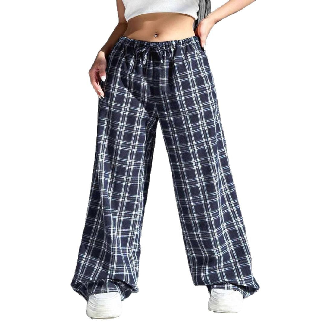 Damen Weite Karohose mit elastischem Bund und seitlichen Taschen EB
