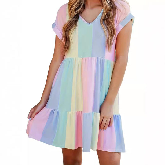 Damen lässiges Sommerkleid im modernen Streifendesign mit V-Ausschnitt und Volant EB