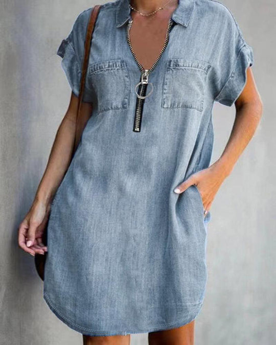 Damen Jeanshemdkleid mit praktischen Taschen und modernem Reißverschluss EB