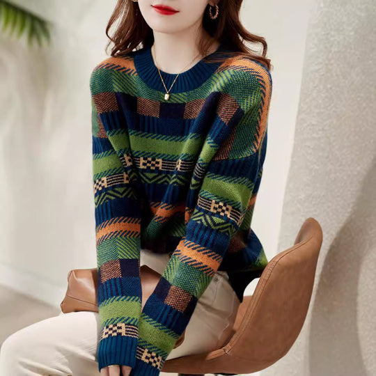 Damen Gemusterter Strickpullover mit Rundhalsausschnitt und weich-flauschiger Textur EB