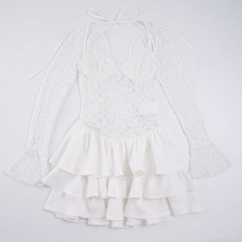 Damen Elegantes Spitzenkleid mit Rüschensaum und langen Ärmeln EB