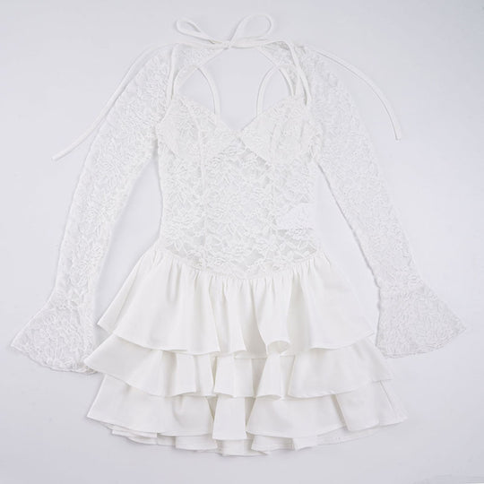 Damen Elegantes Spitzenkleid mit Rüschensaum und langen Ärmeln EB