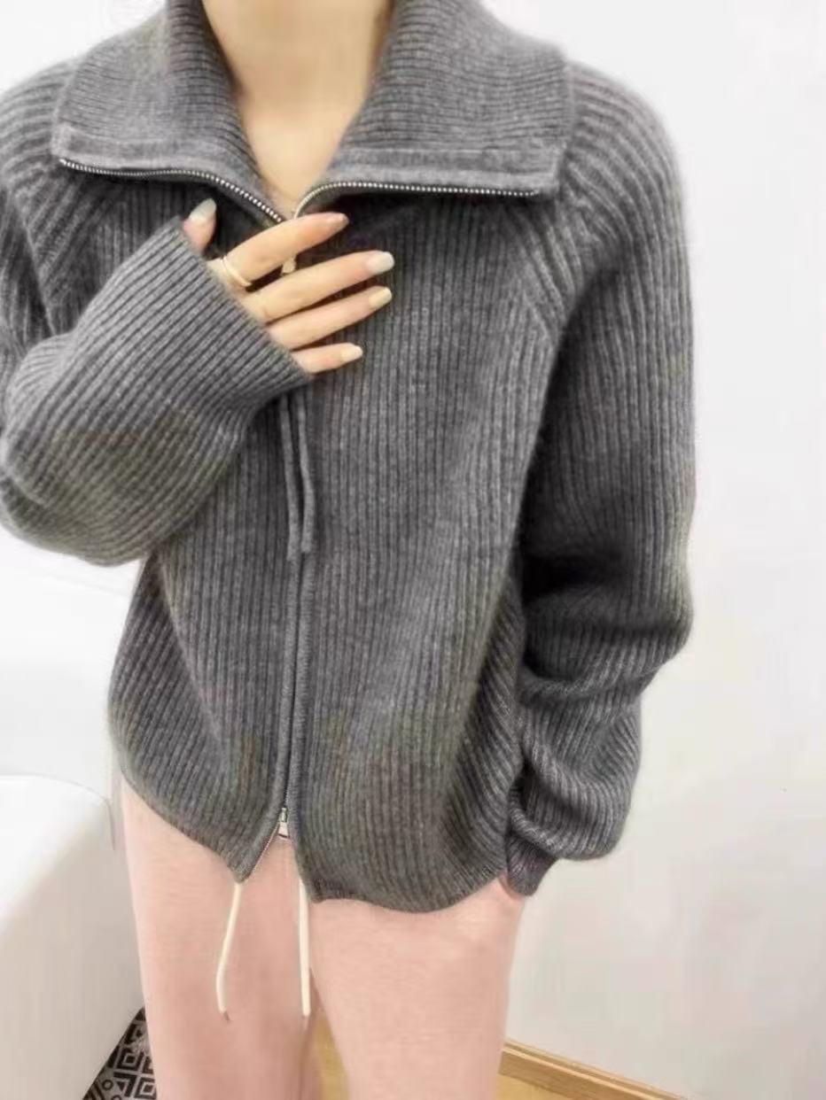 Damen Strickjacke mit hohem Kragen und durchgehendem Reißverschluss EB