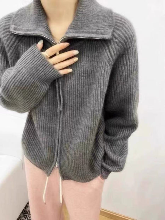 Damen Strickjacke mit hohem Kragen und durchgehendem Reißverschluss EB