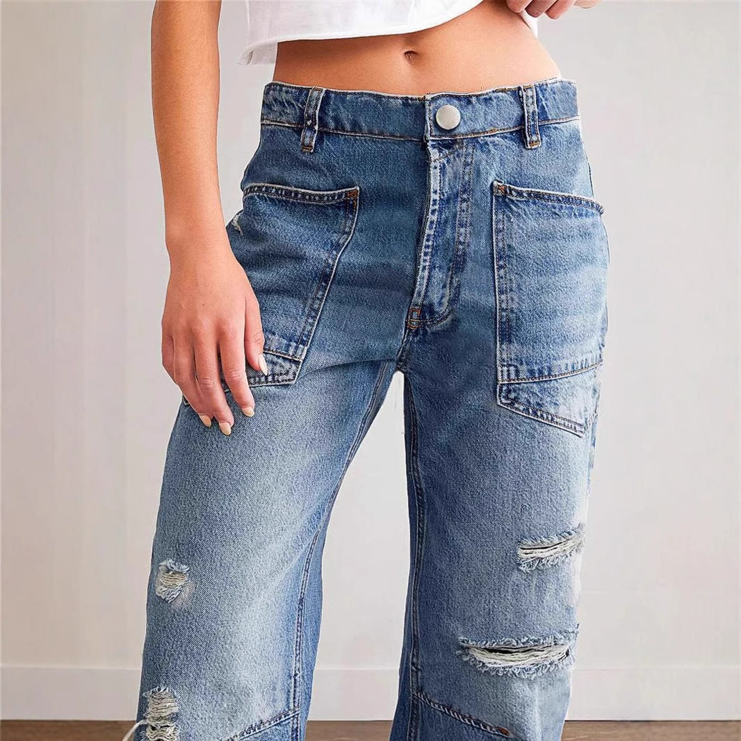Damen weit geschnittene Jeans mit kreativen Taschen und Destroyed-Details EB