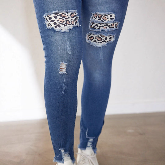 Damen Ripped Skinny Jeans mit modischen Leoparden-Applikationen EB