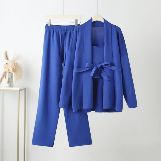 Damen gemütliches Freizeit-Loungewear-Set mit Bindegürtel und weitgeschnittenen Hosen EB