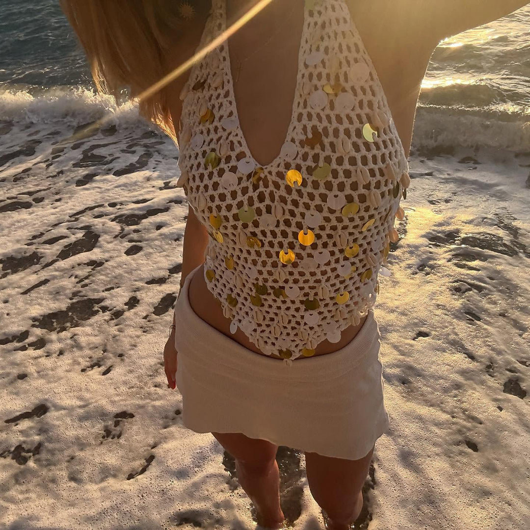 Damen luftiges Strandtop mit glitzernden Details EB