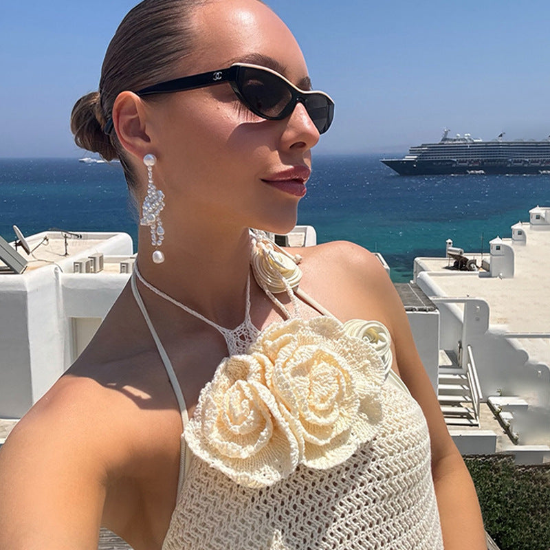 Damen elegantes gehäkeltes Strandensemble mit floralen Akzenten EB