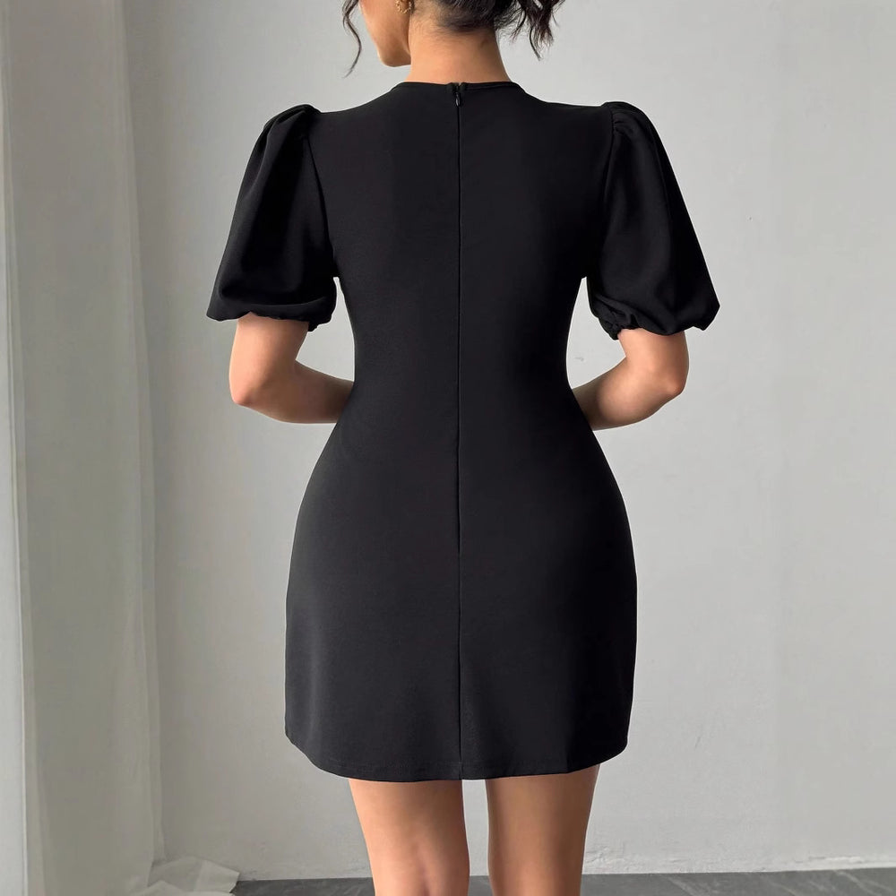 Damen Chic Puffärmel Kleid mit funkelndem Ausschnitt EB