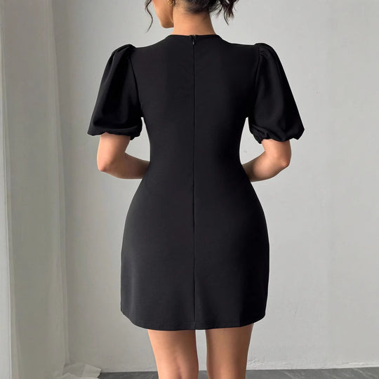 Damen Chic Puffärmel Kleid mit funkelndem Ausschnitt EB