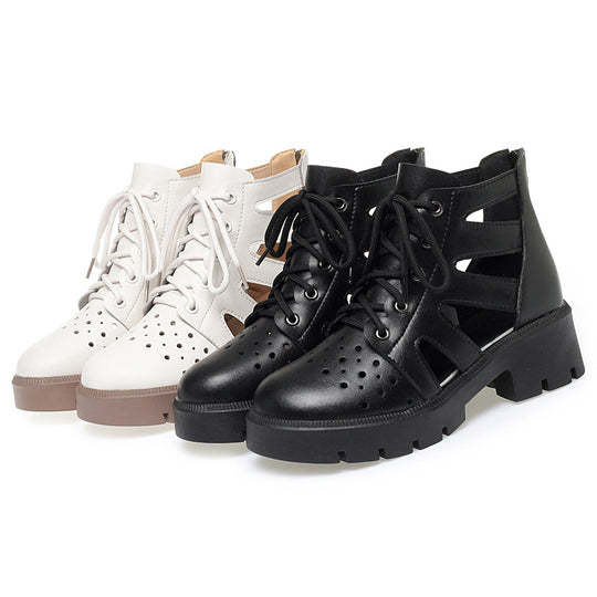 Damen Cut-Out Schnürstiefeletten mit robustem Blockabsatz und atmungsaktivem Obermaterial EB