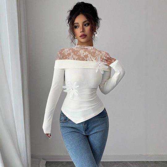 Damen nan figurbetontes schulterfreies Rippstrick-Top mit Spitzen-Illusionskragen und Blütenapplikation EB