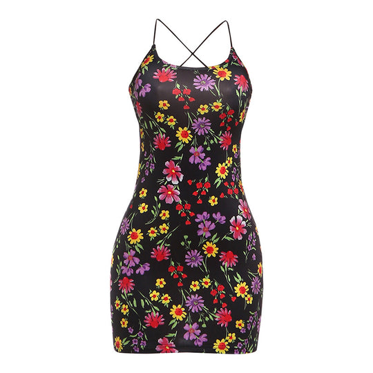 Damen Blumenmuster Minikleid mit Spaghetti-Trägern und figurbetontem Schnitt EB