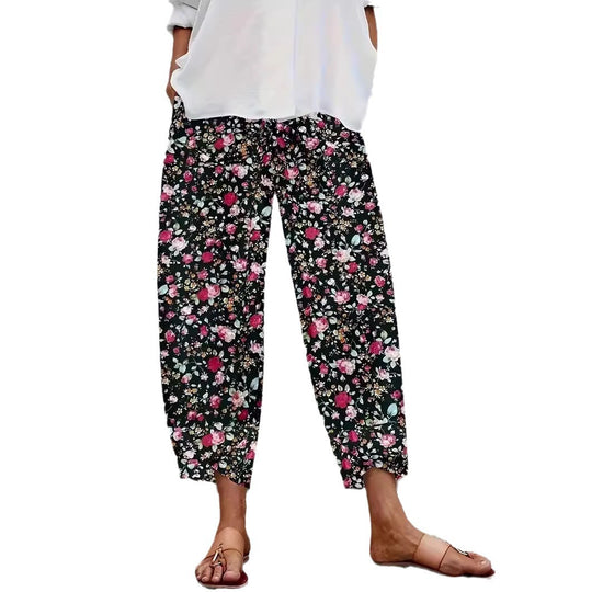 Damen lässige weite Stoffhose mit floralem Muster und elastischem Bund EB