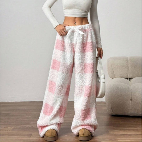 Damen nan kuschelige karierte Fleece-Hose mit Tunnelzugbund und weitem Bein EB