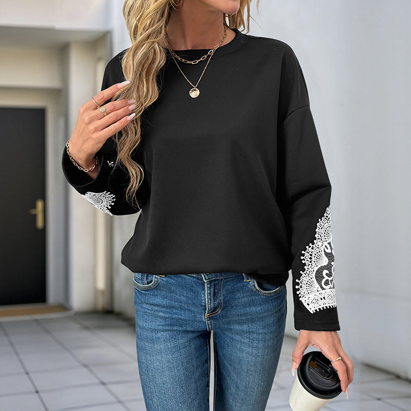 Damen elegantes Sweatshirt mit Spitzenakzenten an den Ärmeln EB