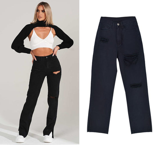 Damen lässige Ripped Jeans mit hoher Taille und modernen Fransen EB