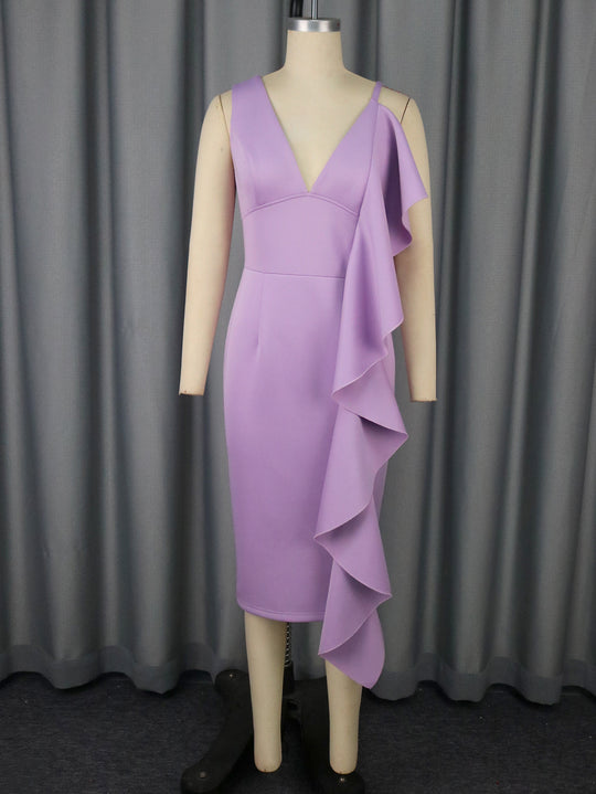 Damen figurbetontes Kleid mit asymmetrischem Rüschendesign EB