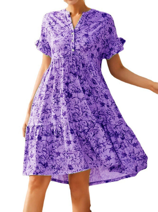 Damen lässiges Blumenkleid mit Knopfleiste und Rüschendetails EB