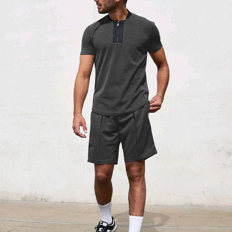 Herren Sportliches Kurzarm-T-Shirt mit Reißverschluss und Joggingshorts EB