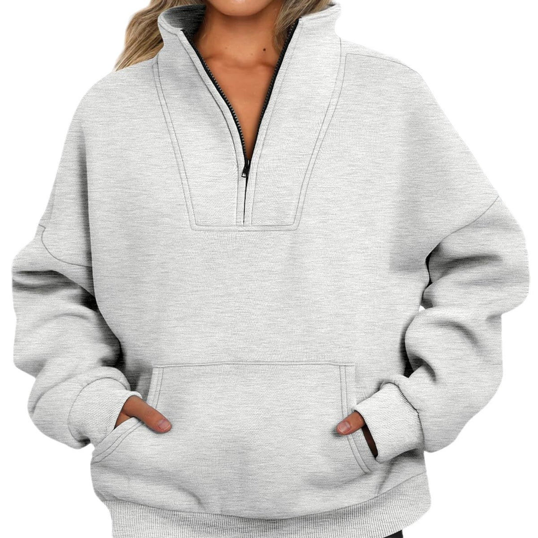 Damen nan oversized Halbzip-Hoodie mit hohem Stehkragen, Kängurutasche und gerippten Bündchen EB