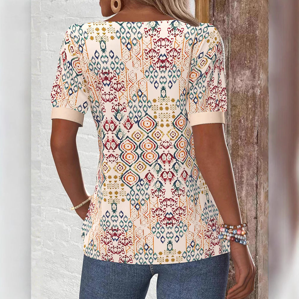 Damen nan leichtes Boho-Blusenshirt mit quadratischem Ausschnitt, Zierknopfleiste und geschwungenem Saum EB