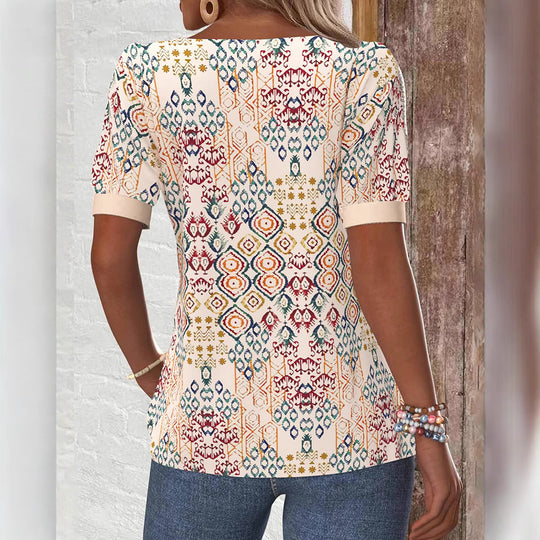 Damen nan leichtes Boho-Blusenshirt mit quadratischem Ausschnitt, Zierknopfleiste und geschwungenem Saum EB