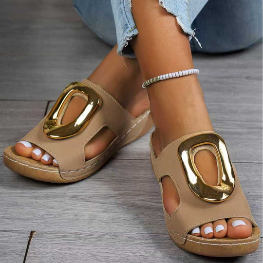 Damen elegante Riemchen-Pantoletten mit modischem Goldakzent EB