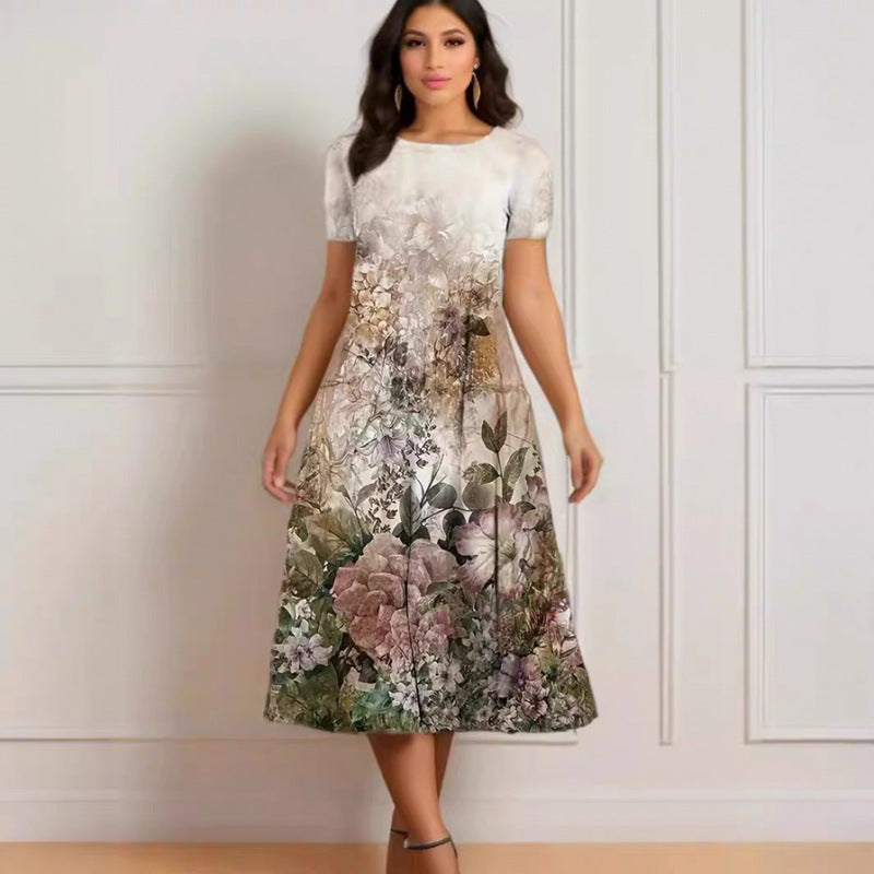 Damen Elegantes Maxikleid mit floralem Design und zartem Rundhalsausschnitt EB