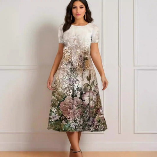 Damen Elegantes Maxikleid mit floralem Design und zartem Rundhalsausschnitt EB