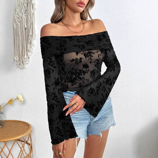 Damen nan schulterfreies Netz-Top mit floraler Samtflock-Applikation, bauchfreiem verkürztem Schnitt und Trompetenärmeln EB