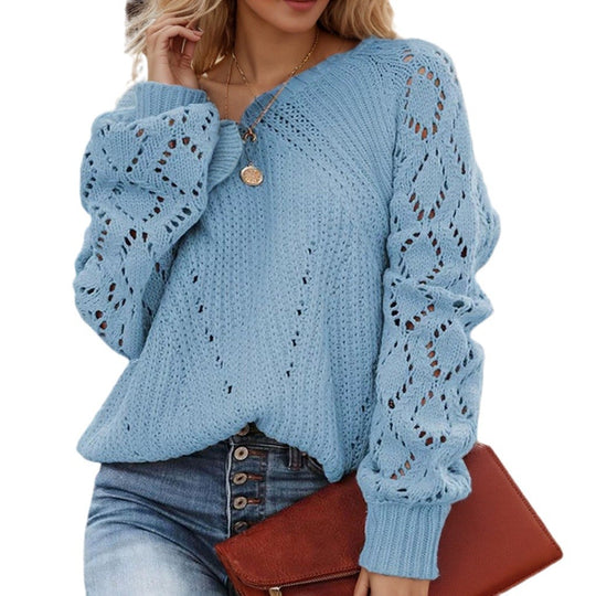 Damen Strickpullover mit romantischem Lochmuster und voluminösen Ärmeln EB
