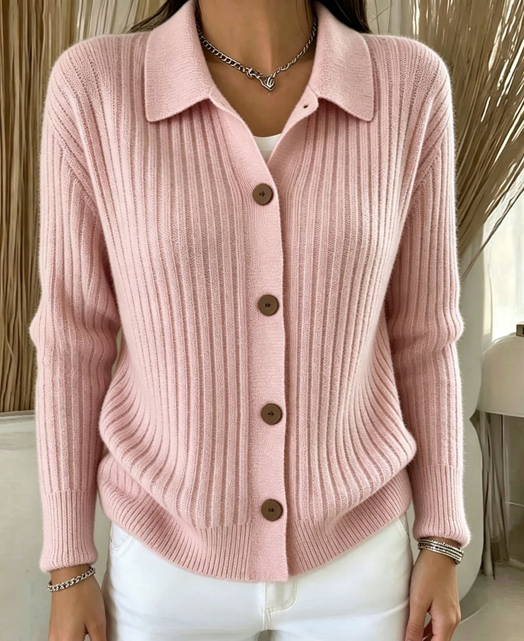 Damen Feiner gerippter Knopf‑Cardigan mit Hemdkragen und kastiger Silhouette EB