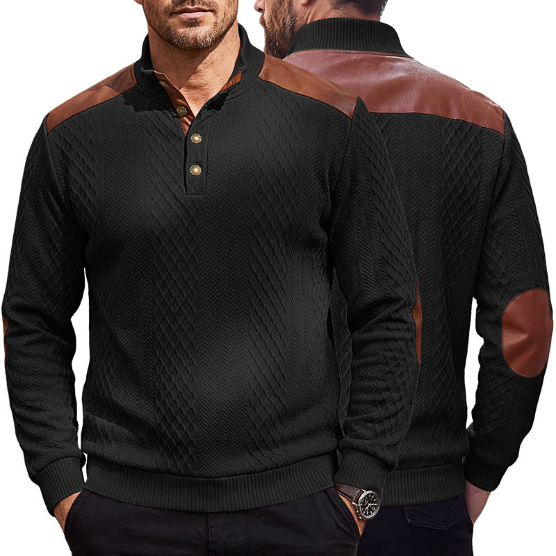 Herren Pullover mit Stehkragen, Zopfmuster und kontrastierenden Lederbesätzen EB