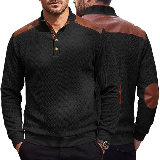 Herren Pullover mit Stehkragen, Zopfmuster und kontrastierenden Lederbesätzen EB